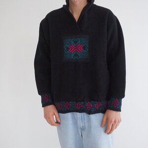 VTG Alps Black Southwestern Heart Geometric Pattern Fleece Pullover Sweatshirt L